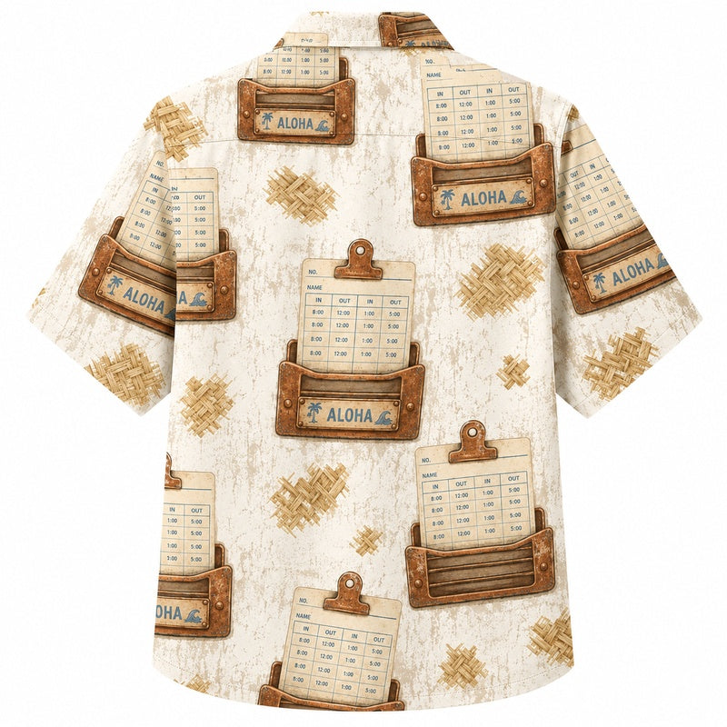 Labor Day Hawaiian Shirt Featuring Aloha Time Card Scroll Print for Summer