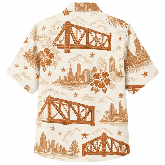 Labor Day Hawaiian Shirt Featuring Bridge Skyline Hibiscus Print for Summer