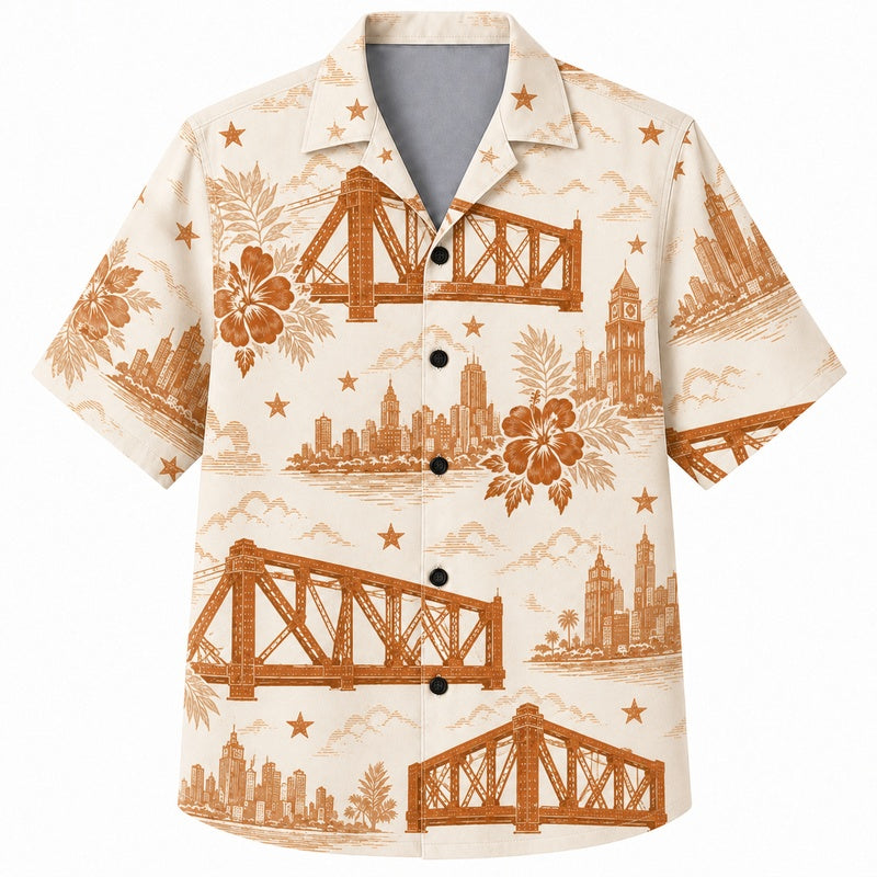 Labor Day Hawaiian Shirt Featuring Bridge Skyline Hibiscus Print for Summer