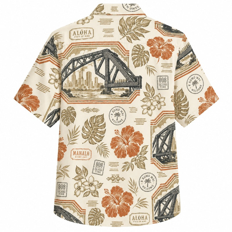 Labor Day Hawaiian Shirt Featuring Harbor Bridge Hibiscus Print for Summer