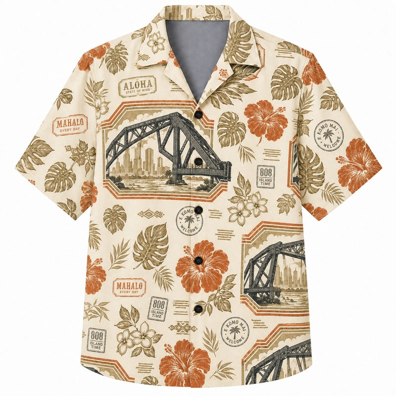 Labor Day Hawaiian Shirt Featuring Harbor Bridge Hibiscus Print for Summer