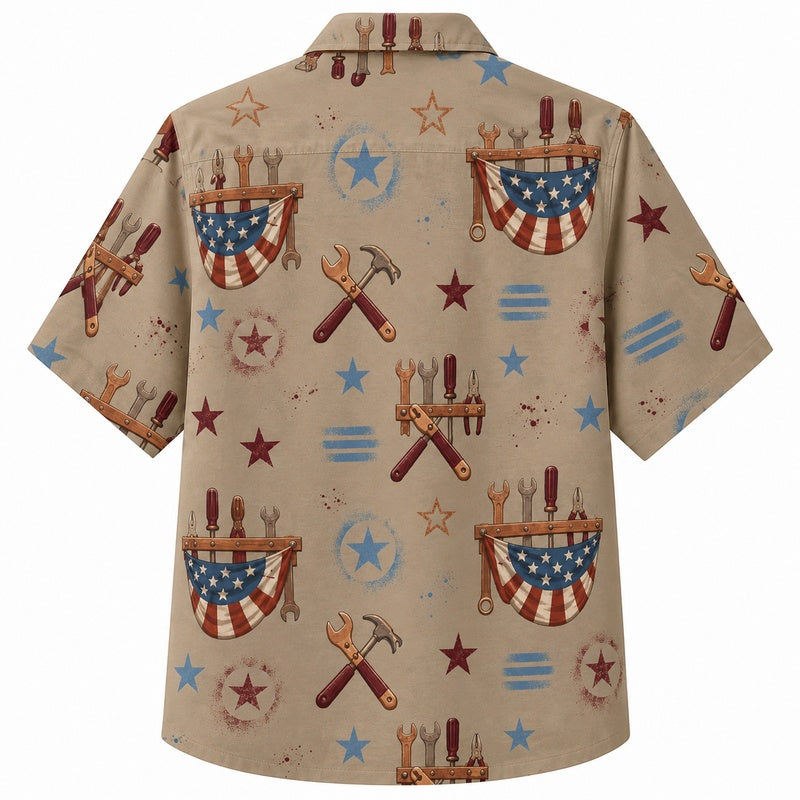Labor Day Hawaiian Shirt Featuring Patriotic Hammer Shield Print for Summer