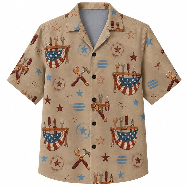 Labor Day Hawaiian Shirt Featuring Patriotic Hammer Shield Print for Summer