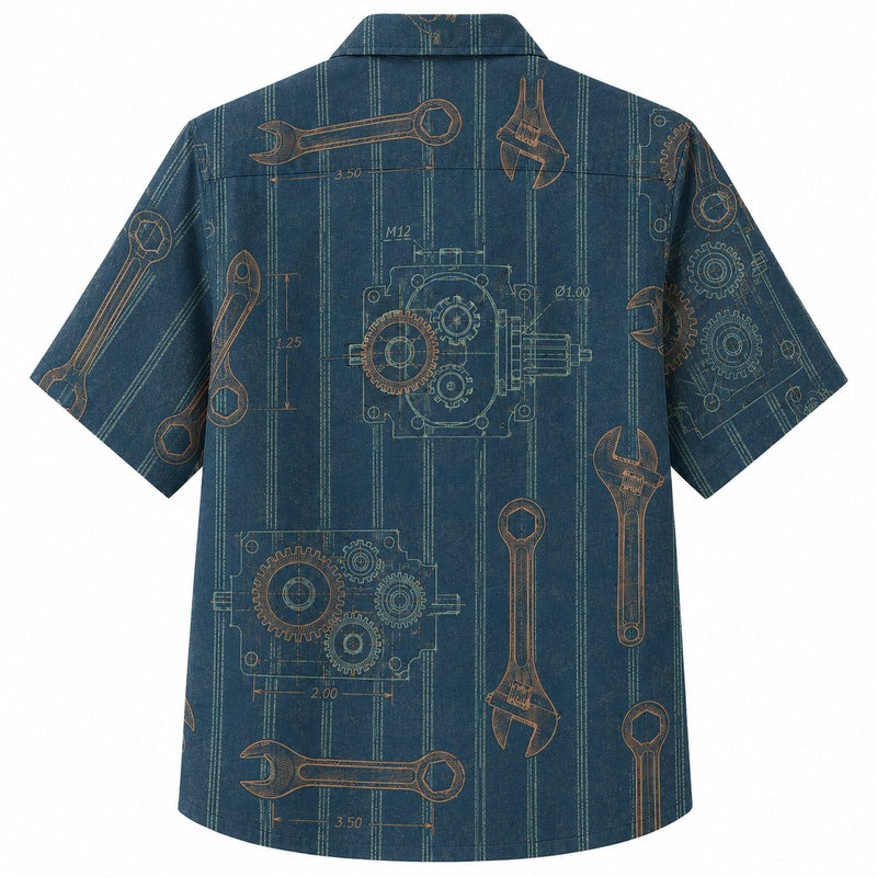 Labor Day Hawaiian Shirt Featuring Wrench Piston Blueprint Print for Summer