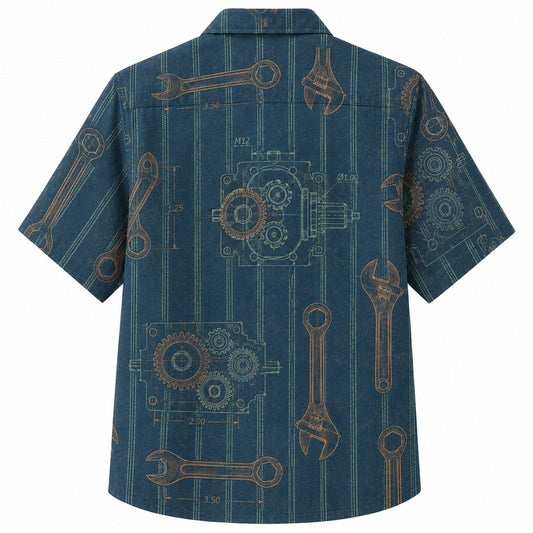 Labor Day Hawaiian Shirt Featuring Wrench Piston Blueprint Print for Summer