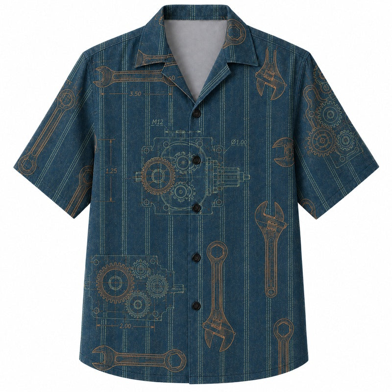Labor Day Hawaiian Shirt Featuring Wrench Piston Blueprint Print for Summer