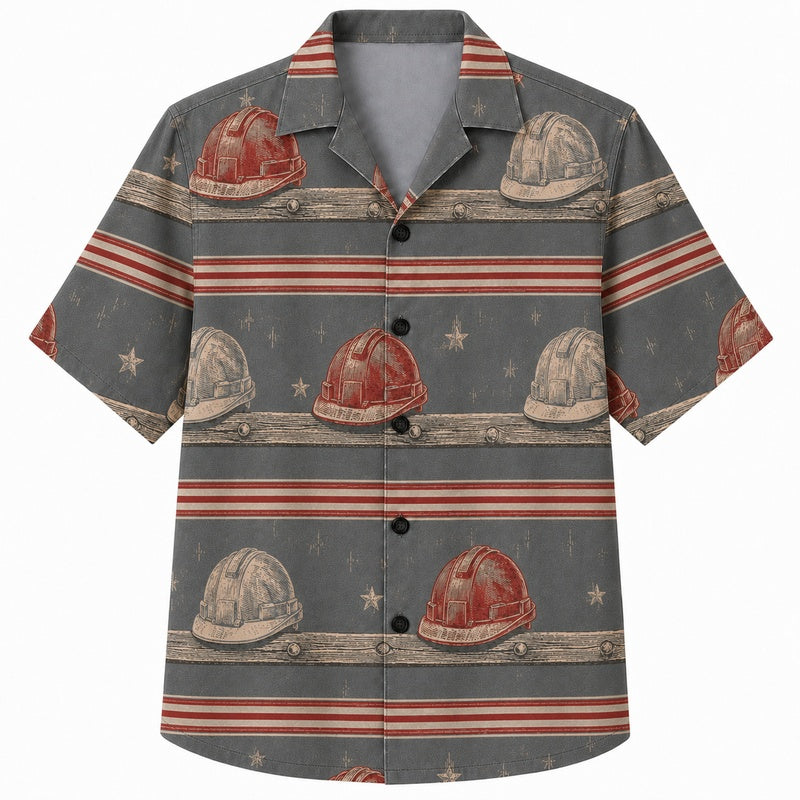 Labor Day Hawaiian Shirt- Firefighter Helmet and Hose Print for Summer