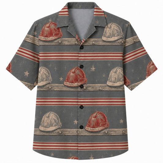 Labor Day Hawaiian Shirt- Firefighter Helmet and Hose Print for Summer