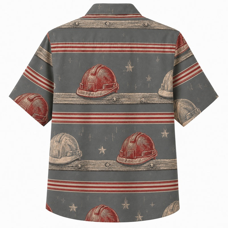 Labor Day Hawaiian Shirt- Firefighter Helmet and Hose Print for Summer