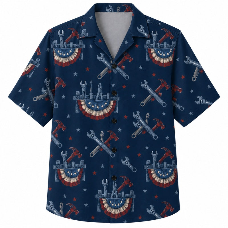 Labor Day Hawaiian Shirt- Flag Banner and Crossed Tools Print