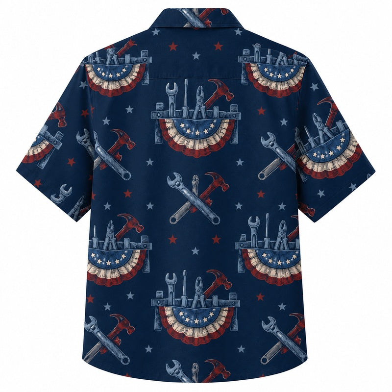 Labor Day Hawaiian Shirt- Flag Banner and Crossed Tools Print