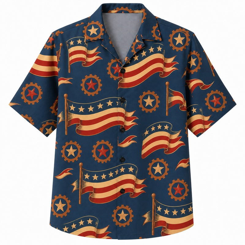 Labor Day Hawaiian Shirt- Flag Banner and Gear Star Emblem for Summer