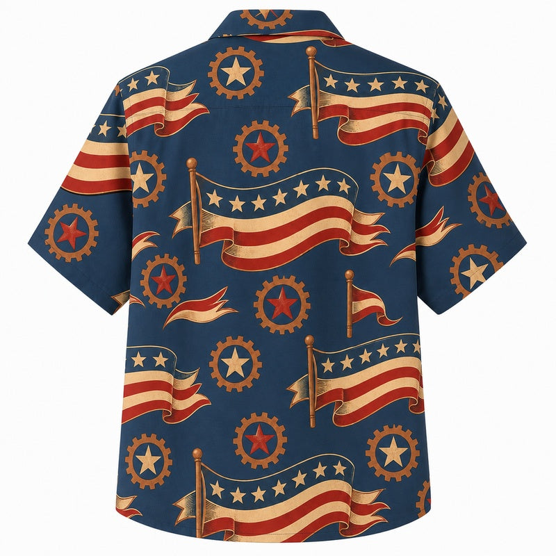 Labor Day Hawaiian Shirt- Flag Banner and Gear Star Emblem for Summer