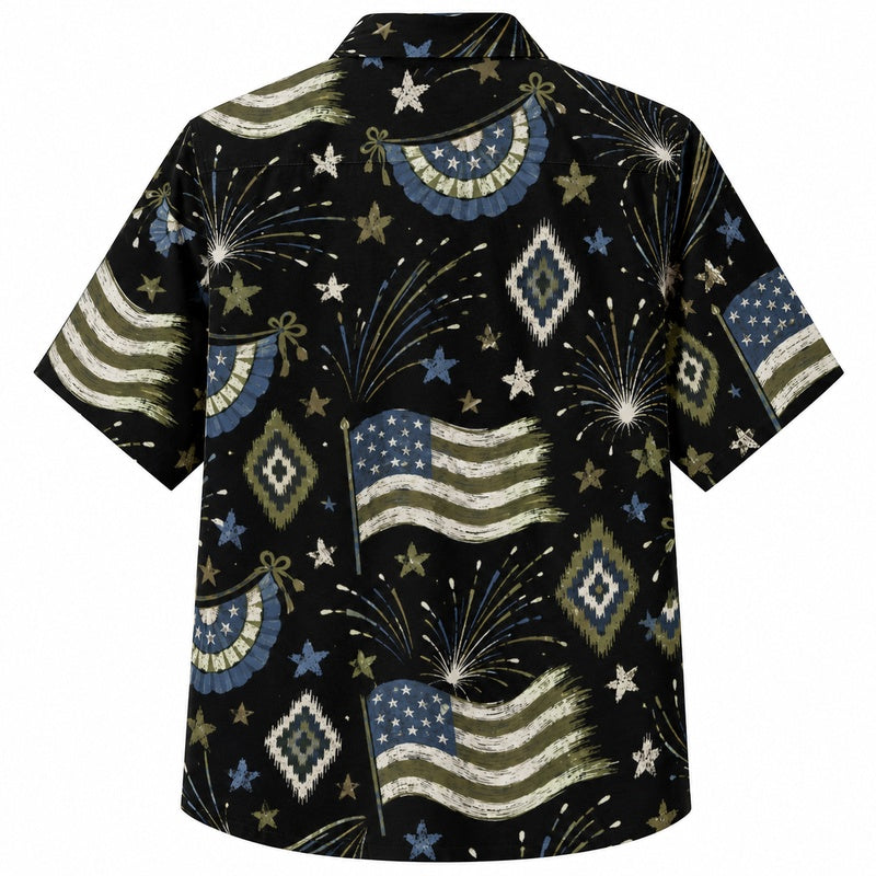 Labor Day Hawaiian Shirt- Flag Firework and Bunting Print for the Season