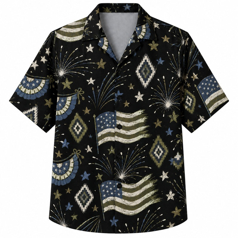 Labor Day Hawaiian Shirt- Flag Firework and Bunting Print for the Season