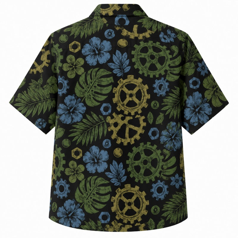 Labor Day Hawaiian Shirt- Gear and Blue Hibiscus Print for the Long Weekend