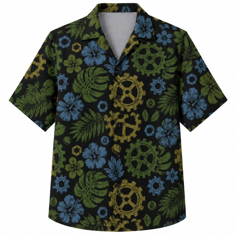 Labor Day Hawaiian Shirt- Gear and Blue Hibiscus Print for the Long Weekend