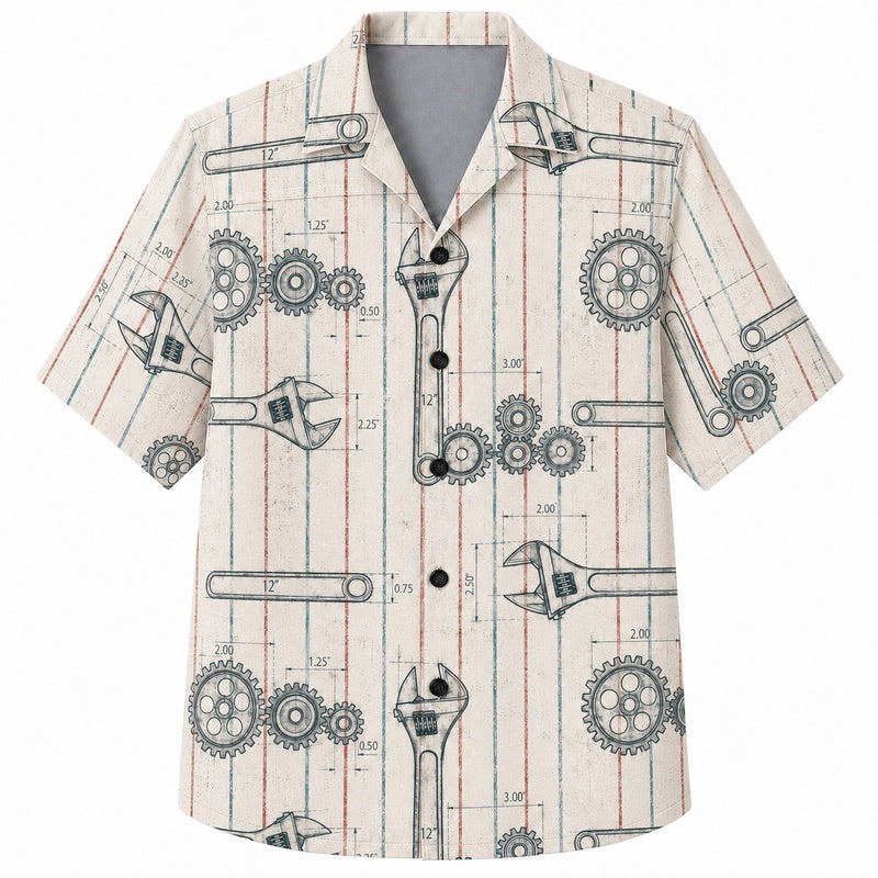 Labor Day Hawaiian Shirt- Gear and Machinery Pinstripe Print