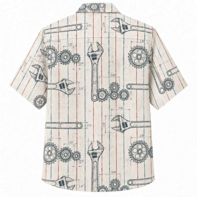 Labor Day Hawaiian Shirt- Gear and Machinery Pinstripe Print