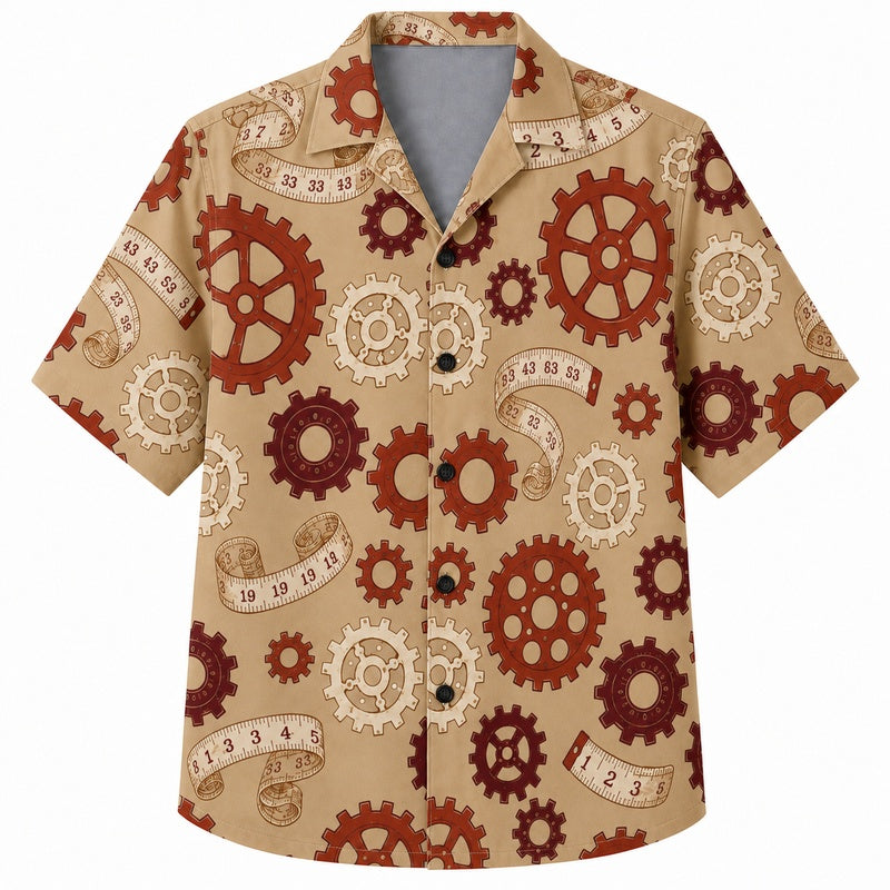 Labor Day Hawaiian Shirt- Gear and Measuring Tape Print for Workers