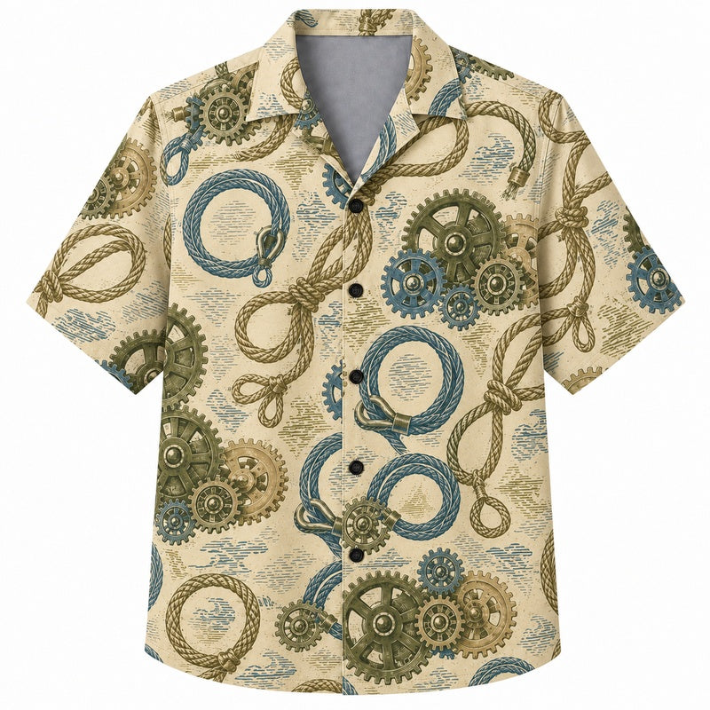 Labor Day Hawaiian Shirt- Gear and Rope Coil Print for Everyday Wear