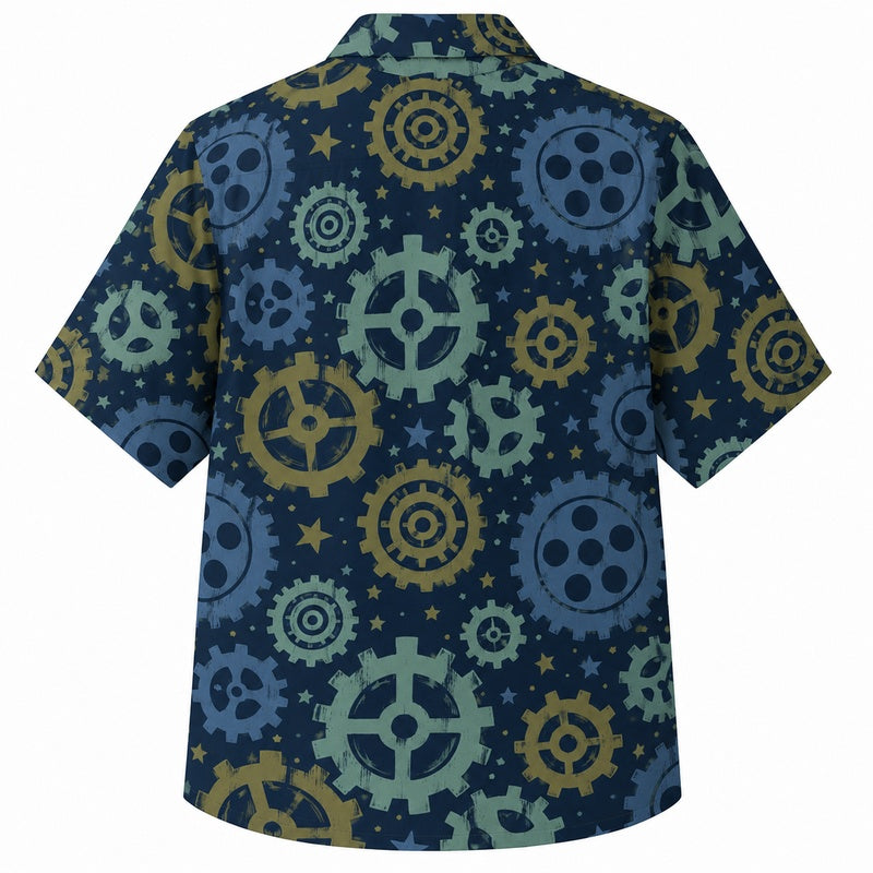 Labor Day Hawaiian Shirt- Gear and Star Burst Print for Everyday Wear