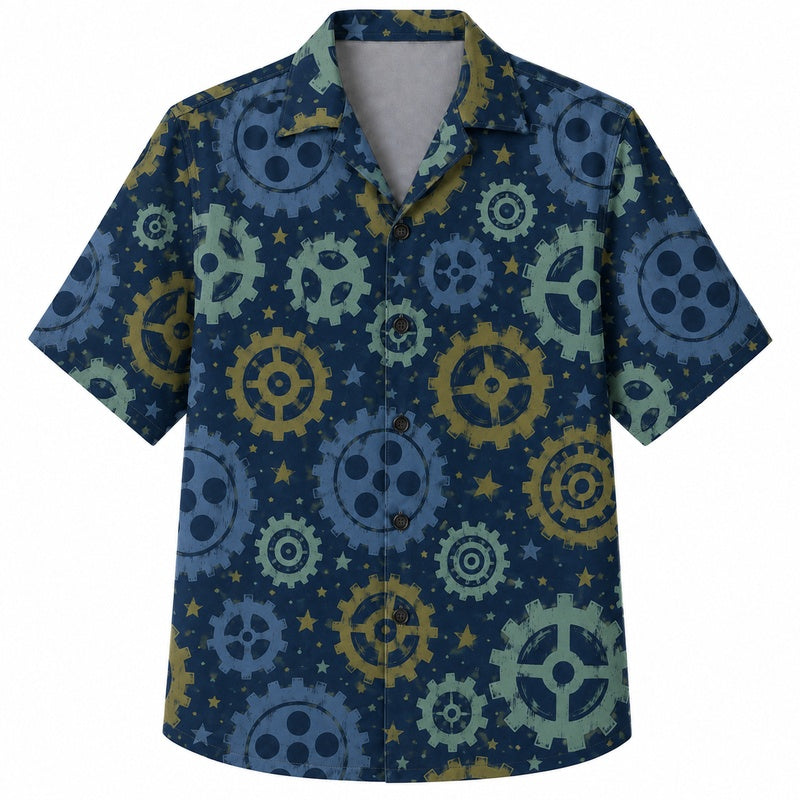 Labor Day Hawaiian Shirt- Gear and Star Burst Print for Everyday Wear