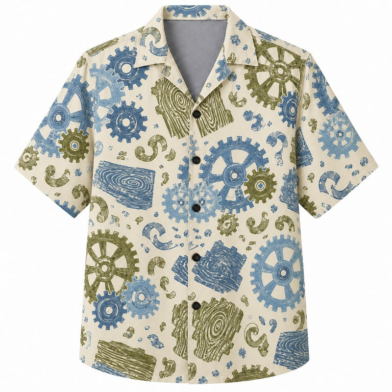 Labor Day Hawaiian Shirt- Gear and Wood Plank Print for Everyday Wear