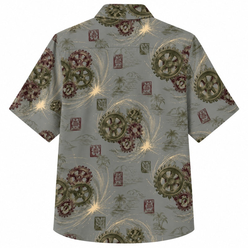 Labor Day Hawaiian Shirt- Gear Blossom and Spark Print for Men