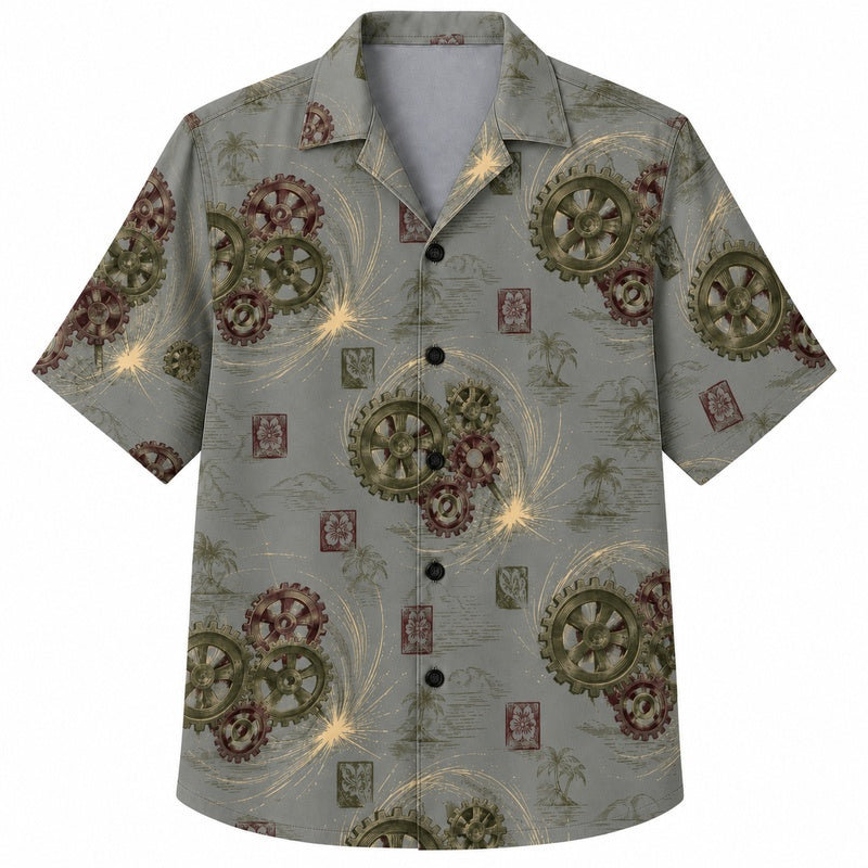 Labor Day Hawaiian Shirt- Gear Blossom and Spark Print for Men