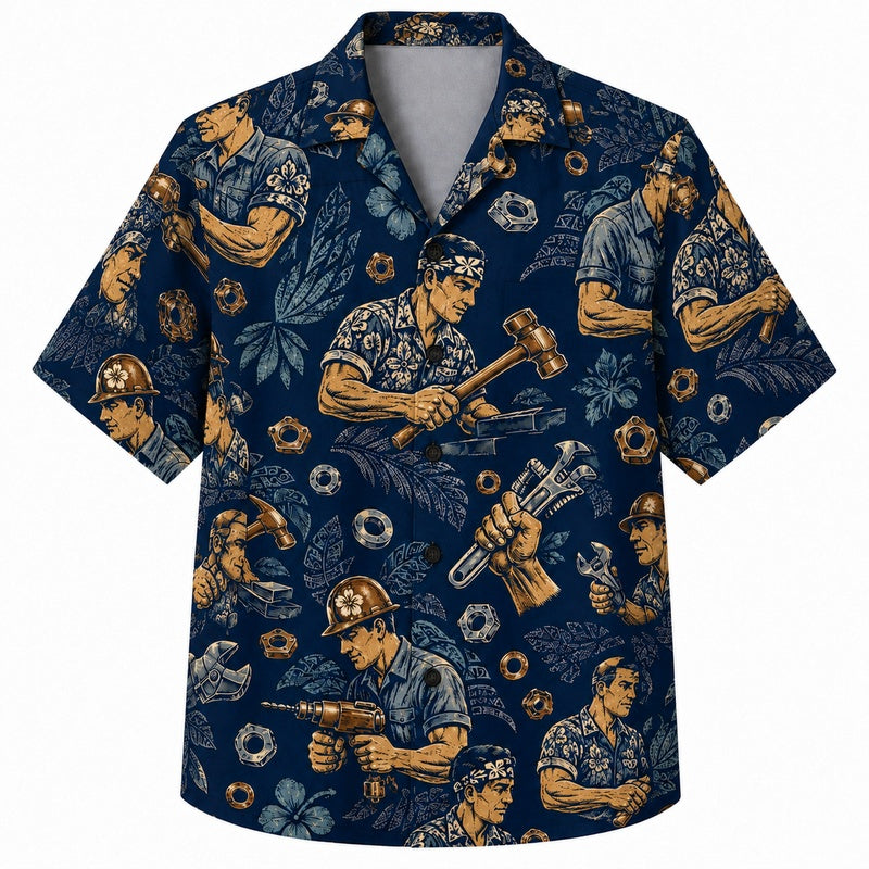 Labor Day Hawaiian Shirt - Golden Worker & Floral Burst Print for Men
