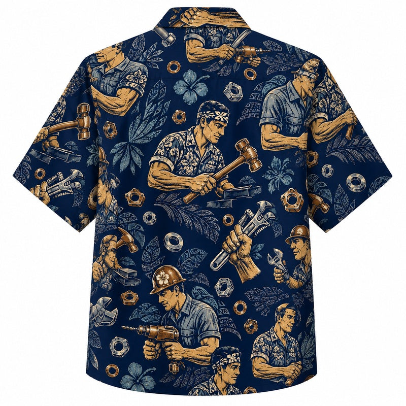 Labor Day Hawaiian Shirt - Golden Worker & Floral Burst Print for Men