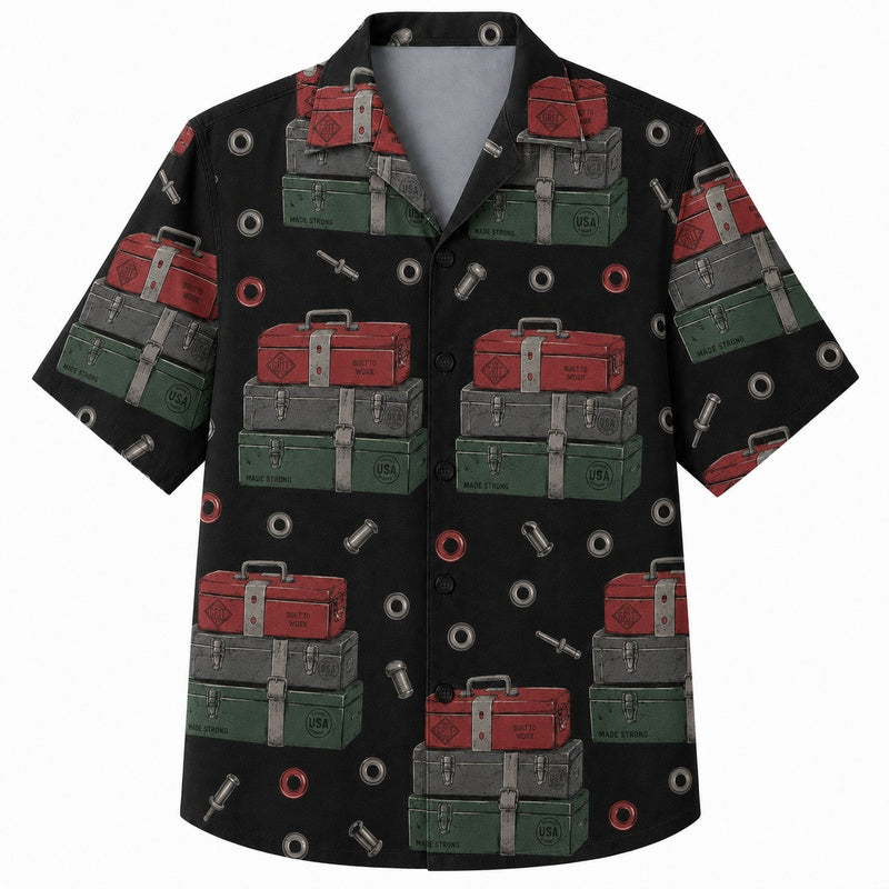 Labor Day Hawaiian Shirt- Green and Red Toolbox Print for Summer