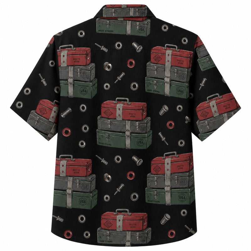 Labor Day Hawaiian Shirt- Green and Red Toolbox Print for Summer