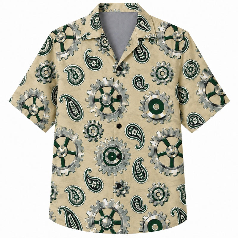 Labor Day Hawaiian Shirt - Green Gear & Paisley Swirl Print for Men