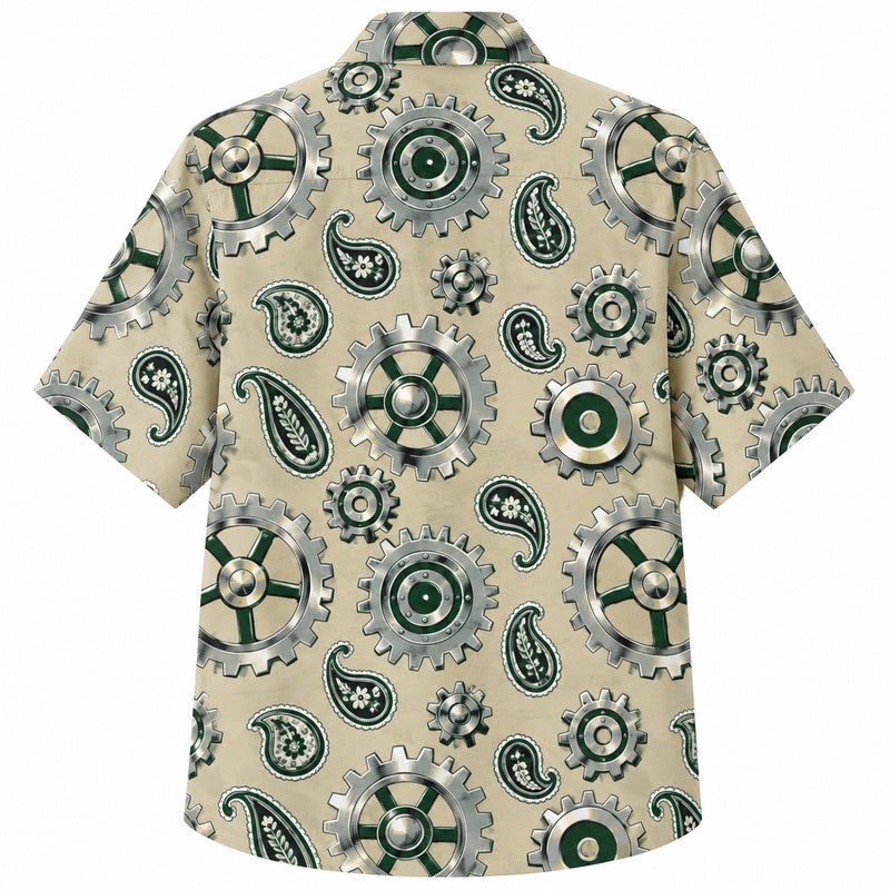 Labor Day Hawaiian Shirt - Green Gear & Paisley Swirl Print for Men