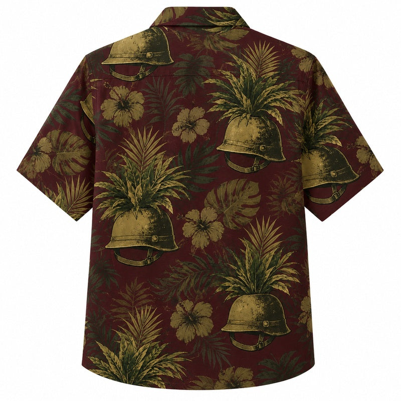 Labor Day Hawaiian Shirt- Hard Hat and Hibiscus Bloom Print for Summer
