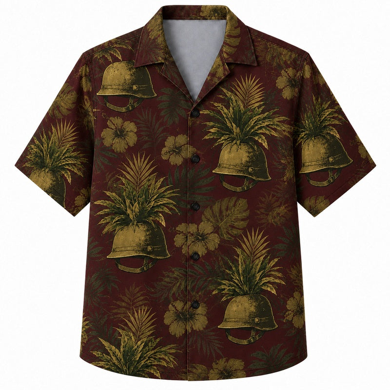 Labor Day Hawaiian Shirt- Hard Hat and Hibiscus Bloom Print for Summer