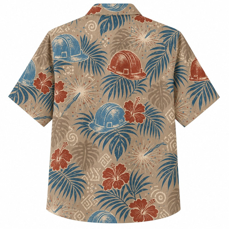 Labor Day Hawaiian Shirt- Hard Hat and Hibiscus Print for Summer Days