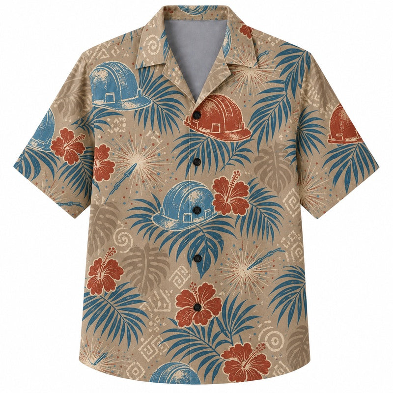 Labor Day Hawaiian Shirt- Hard Hat and Hibiscus Print for Summer Days