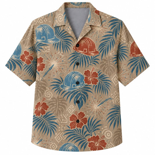 Labor Day Hawaiian Shirt- Hard Hat and Hibiscus Print for Summer Days
