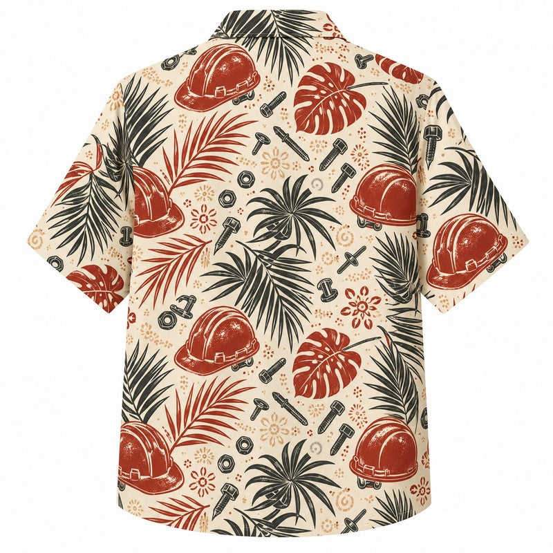 Labor Day Hawaiian Shirt- Hard Hat and Palm Frond Print for Summer