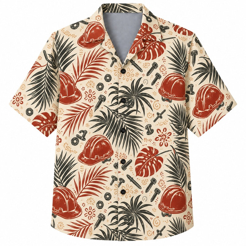 Labor Day Hawaiian Shirt- Hard Hat and Palm Frond Print for Summer