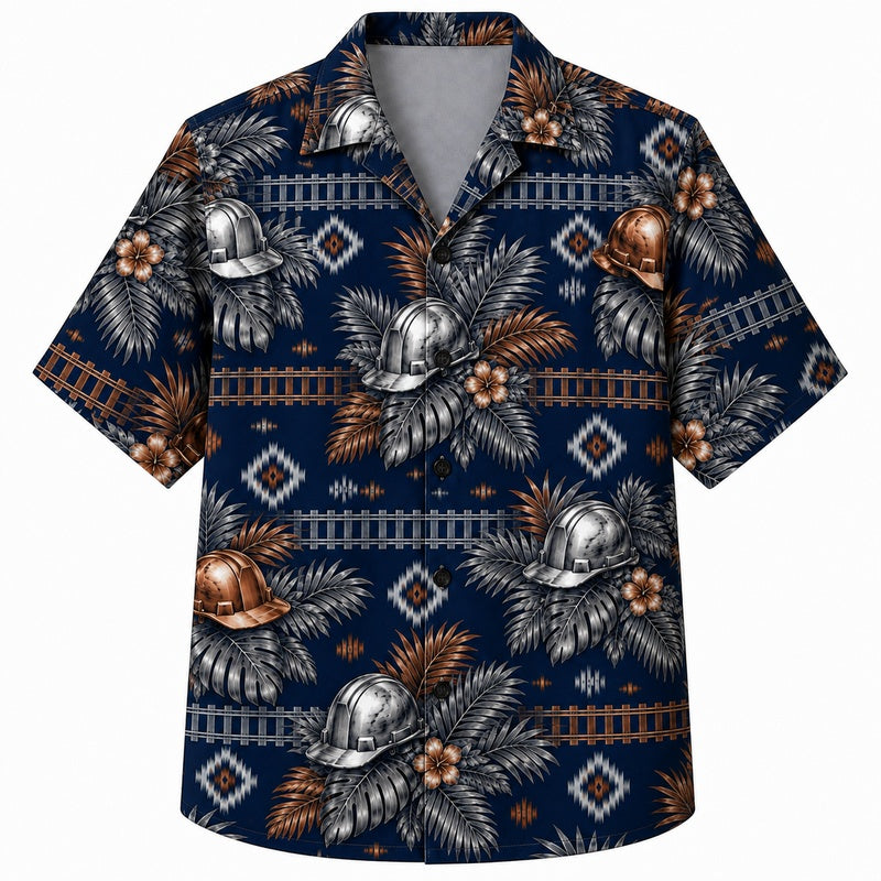 Labor Day Hawaiian Shirt - Hard Hat & Aztec Stripe Print for Men