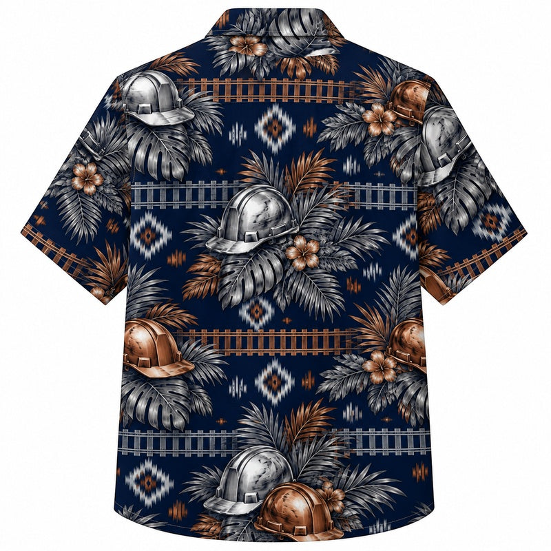 Labor Day Hawaiian Shirt - Hard Hat & Aztec Stripe Print for Men