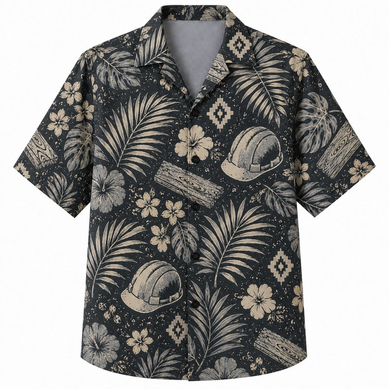 Labor Day Hawaiian Shirt - Hard Hat & Hibiscus Bloom Print for Men