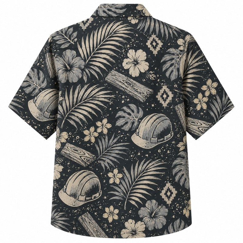 Labor Day Hawaiian Shirt - Hard Hat & Hibiscus Bloom Print for Men