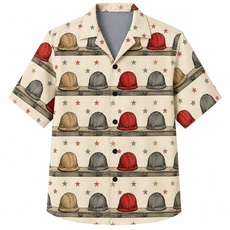 Labor Day Hawaiian Shirt- Hard Hat Rows and Stars Print for Summer