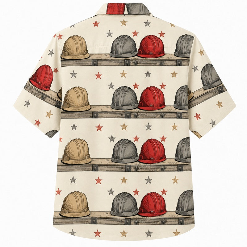 Labor Day Hawaiian Shirt- Hard Hat Rows and Stars Print for Summer