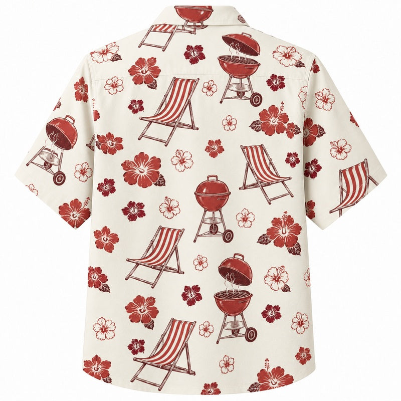 Labor Day Hawaiian Shirt- Hibiscus Grill and Deck Chair Print for Summer